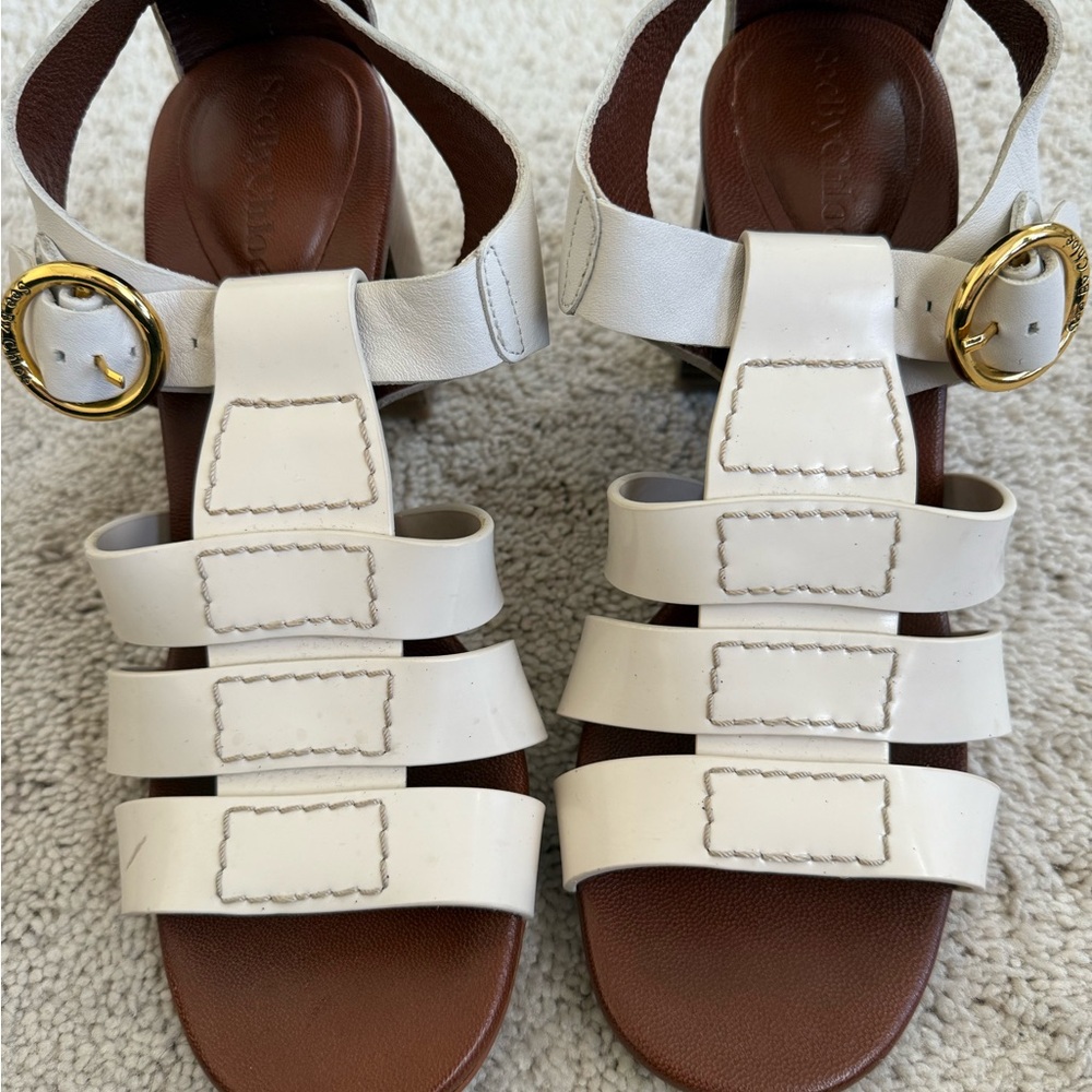 White Leather Sandals with Gold Buckle